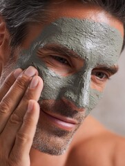Fototapeta premium Facial Mask Application by Man in Cozy Indoor Setting During Evening