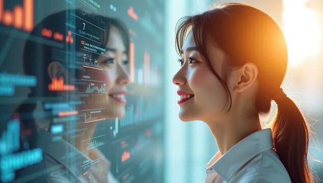 ビジネスアイコンとホログラフィックUIを組み合わせた女性のポートレート