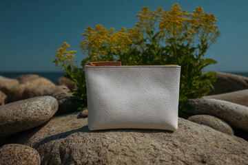 A mockup of an  blank white leather fabric Pouch with the edge color in light brown, sitting on top of smooth rocks by the seaside, and behind it is a small yellow flower plant. 
