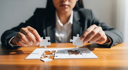 Determined businesswoman meticulously assembling puzzle pieces, symbolizing strategic problem-solving and business growth