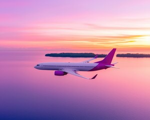 Fototapeta premium A passenger jet soars over a vast body of water at sunset, painted with vibrant pinks, purples, and oranges. Small islands dot the horizon, under a streaked sky