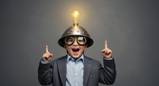 Young boy wearing a helmet and glasses with a lightbulb on top, symbolizing a brilliant idea and innovation