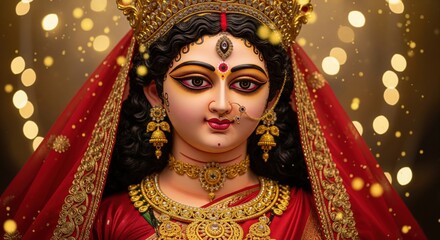 Maa Durga idol with expressive eyes, red saree and gold jewelry