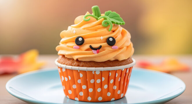 An adorable pumpkin cupcake with orange frosting and a cute smiling face, decorated for Halloween or autumn, sitting on a blue plate. - Powered by Adobe