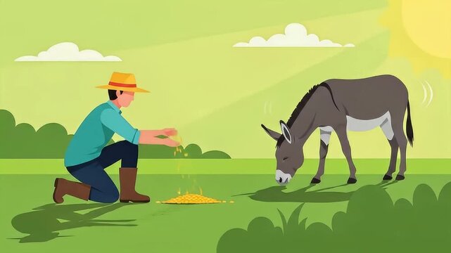 Farmer feeding donkey in sunny meadow, animation clip for rural life, agriculture, or farm story