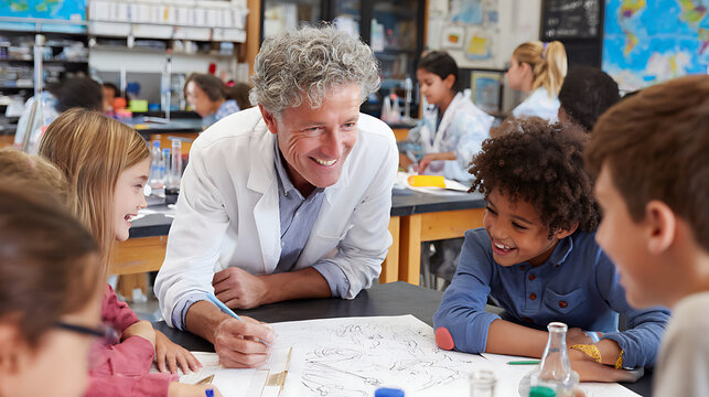 A teacher guiding students on a group science project in a classroom (1)