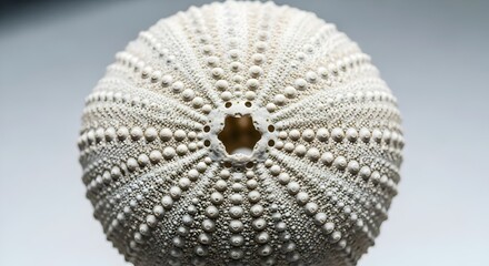 Close-up macro shot of a detailed white sea urchin shell with a grey background