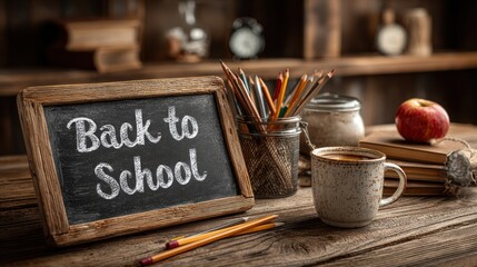 Chalkboard with “Back to School” text, surrounded by colorful pencils and a red alarm clock on dark gray background, clean and simple educational concept