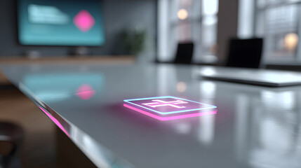 Glowing digital icon on a modern conference table technology
