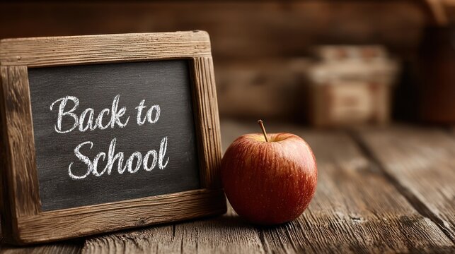 Chalkboard with “Back to School” text surrounded by school supplies including pencils, alarm clock, books, papers, apple, coffee mugs, and colored pencils on wooden table