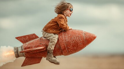 Happy child riding a rocket flying through the sky with clouds, wearing sunglasses and a jacket, high-speed action scene captured in 2K resolution