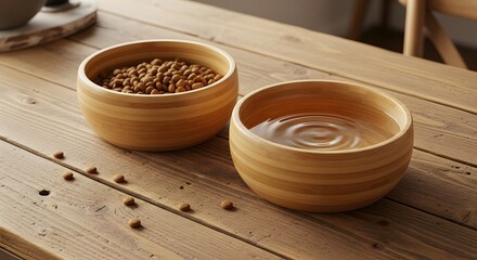 Two wooden bowls one filled with dry pet food and the other with water on a wooden table surface