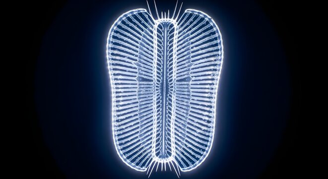 Microscopic view of a glowing blue diatom with intricate patterns and sharp spines on a dark background.