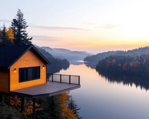 Cabin nestled by a serene lake, surrounded by autumn foliage under a pastel sunrise. Mountains fade into the horizon with mist, creating a peaceful, secluded ambiance