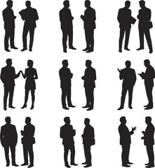 Silhouettes of people in pairs, standing and talking, conversation poses, communication concept, social interaction, human posture, design and creative reference