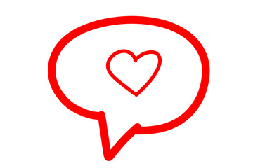 Red speech bubble icon with heart, hand drawn conversation chat bubble love shape icon. Hand drawn doodle style talk bubble icon illustration isolated on transparent png 