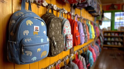 Cute blue children's school bag with animal patterns hanging on classroom wall, surrounded by other backpacks and colorful decorations, vibrant red, orange