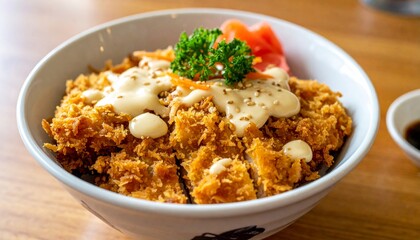 Fototapeta premium rice bowl topped with fried meat cutlet katsudon, tonkatsu donburi, japanese cuisine 