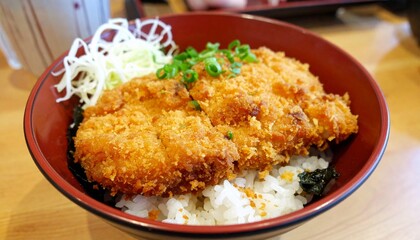 rice bowl topped with fried meat cutlet katsudon, tonkatsu donburi, japanese cuisine 