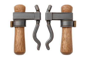 Two dark gray metal clasps, each with a light brown wooden handle, presented in a studio setting.  The clasps feature curved arms and a rectangular section.  Detail on the handles and clasps