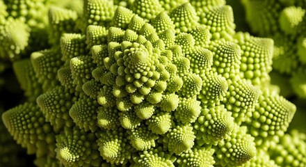 Macro close-up of vibrant green Romanesco broccoli showcasing its intricate fractal spiral pattern