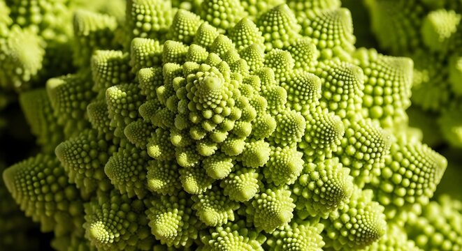 Macro close-up of vibrant green Romanesco broccoli showcasing its intricate fractal spiral pattern - Powered by Adobe
