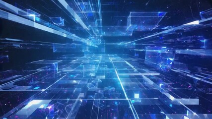 Dynamic digital network data flow with glowing blue geometric structures - Powered by Adobe