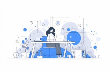 Calm Blue and Light Blue Home Office Scene of a Focused Woman Boosting Productivity
