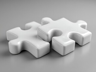 Two white puzzle pieces, glossy, on a gray surface