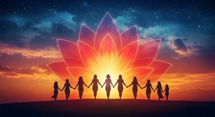 A diverse group of women holding hands in a circle, silhouetted against a vibrant sunset with a large glowing lotus flower symbolizing unity and empowerment
