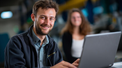 Fototapeta premium Engineers Collaborating with Laptop in Focus and Smiling Team