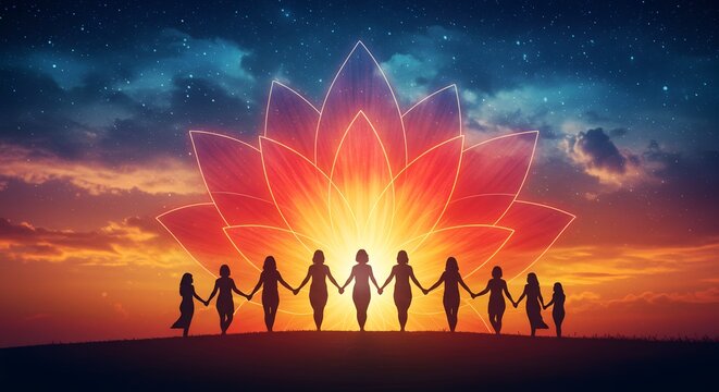A diverse group of women holding hands in a circle, silhouetted against a vibrant sunset with a large glowing lotus flower symbolizing unity and empowerment
