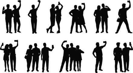 Silhouettes of groups taking selfies, diverse people posing together, social media concept, friendship moments, modern lifestyle, creative design and reference illustration