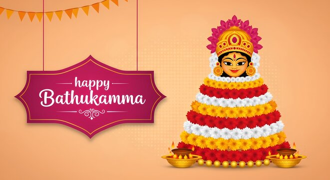 Happy bathukamma festival celebrated with colourful flowers and traditional worship of the goddess in telangana, india