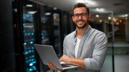 Confident Engineer with Laptop in Front of Server Racks
