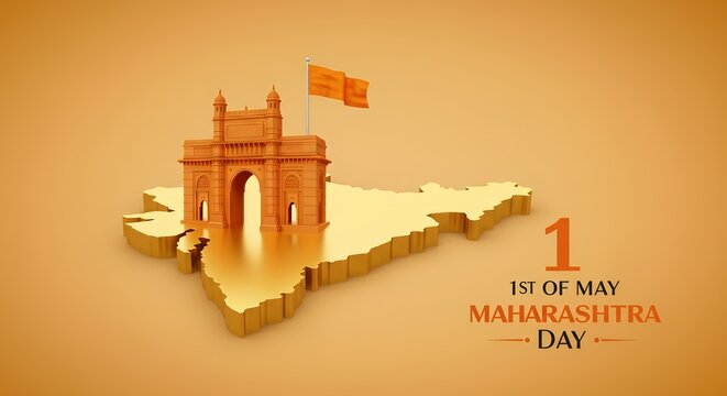 Golden 3d illustration of maharashtra map with gateway of india monument and flag, celebrating maharashtra day on may 1st