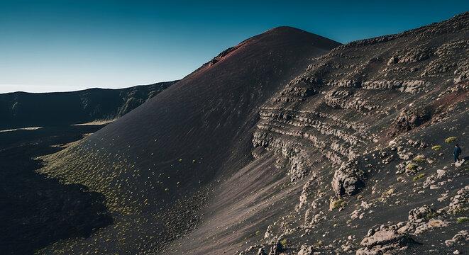 Aerial view of a volcanic mountain landscape with a person hiking on the rocky terrain under a clear sky ai generated