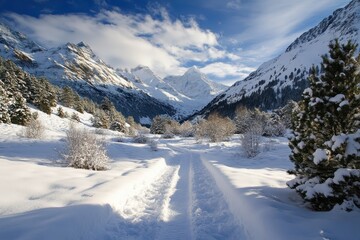 Fototapeta premium snowy mountain valley path winter landscape.