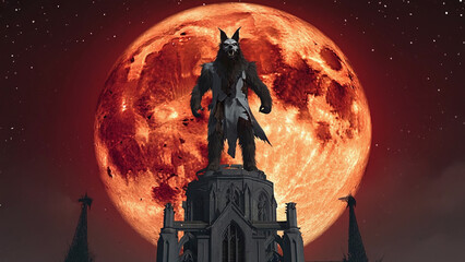A werewolf figure in a torn suit, wearing a half-broken porcelain mask illustration. Ai generated.