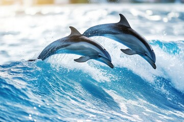 Obraz premium two dolphins leaping gracefully in formation over a blue wave.