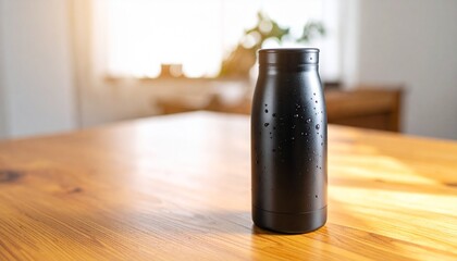 A black reusable water bottle sits on a wooden table, with water droplets visible on its surface.