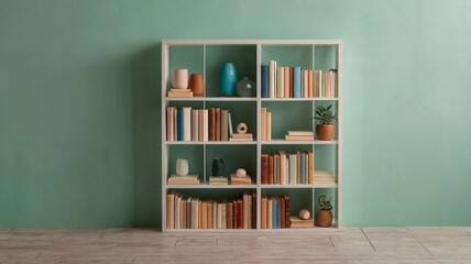 Large white minimalist bookshelf filled with neutral-toned books and simple decorative objects against a split pastel wall