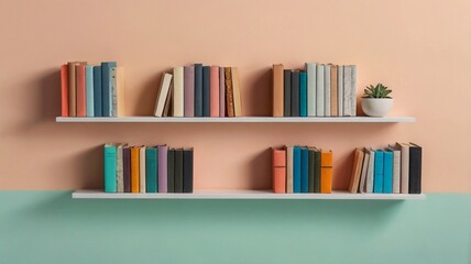 Large white minimalist bookshelf filled with neutral-toned books and simple decorative objects against a split pastel wall