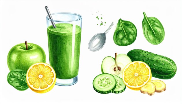 Glass green smoothie and spinach, cucumber, apple, tablespoon bowl lemon juice, grated ginger. Detailed high quality image. 