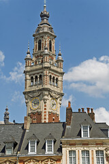 Chamber of Commerce Belfry in Lille, France, a prominent neo-Flemish tower rising above the Grand...