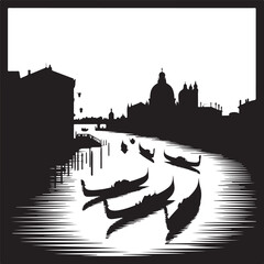 Fototapeta premium Venetian gondolas glide past historic cityscape silhouettes