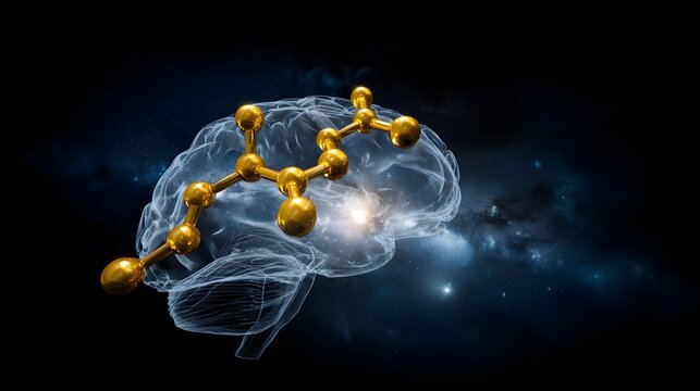 A golden molecular structure of spermidine floating above a brain-shaped nebula, glowing with energy.