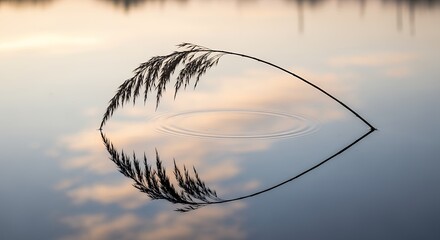 Obraz premium Graceful Reed Stem Creating Ripples on Serene Water with Sky Reflection at Dawn