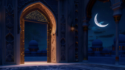 Majestic mosque entrance with crescent moon shining brightly in the night sky