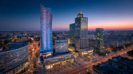 Obraz premium Aerial view of modern metropolis skyline with glowing skyscrapers during blue hour, showcasing urban development concept.